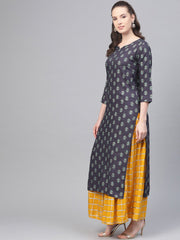Grey Printed Straight Kurta set with Mango Checked Skirt