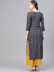 Grey Printed Straight Kurta set with Mango Checked Skirt