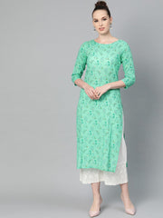 Fern Green Floral Printed Straight kurta with Round neck & 3/4 sleeves