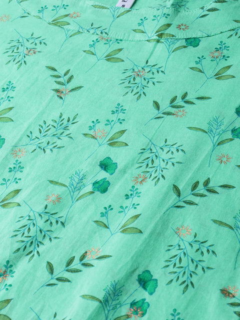 Fern Green Floral Printed Straight kurta with Round neck & 3/4 sleeves