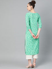 Fern Green Floral Printed Straight kurta with Round neck & 3/4 sleeves