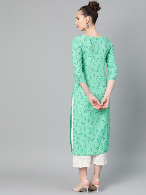 Fern Green Floral Printed Straight kurta with Round neck & 3/4 sleeves
