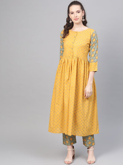 Yellow & Sage Green A-line Printed kurta set with Pant