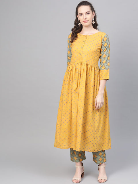 Yellow & Sage Green A-line Printed kurta set with Pant