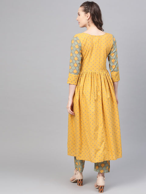Yellow & Sage Green A-line Printed kurta set with Pant