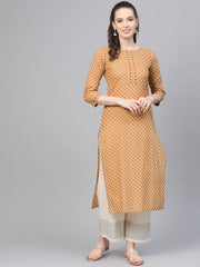 Beige Printed Straight Kurta with round neck with 3/4 sleeves