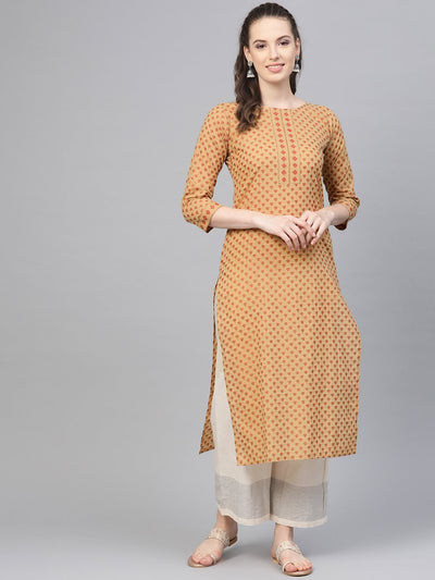Beige Printed Straight Kurta with round neck with 3/4 sleeves