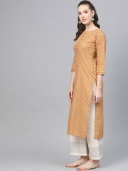 Beige Printed Straight Kurta with round neck with 3/4 sleeves
