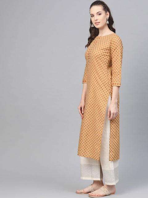 Beige Printed Straight Kurta with round neck with 3/4 sleeves