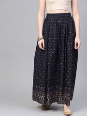 Navy Blue Gold printed ankle length flared skirt