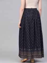 Navy Blue Gold printed ankle length flared skirt