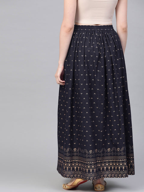 Navy Blue Gold printed ankle length flared skirt