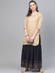 Navy Blue Gold printed ankle length flared skirt