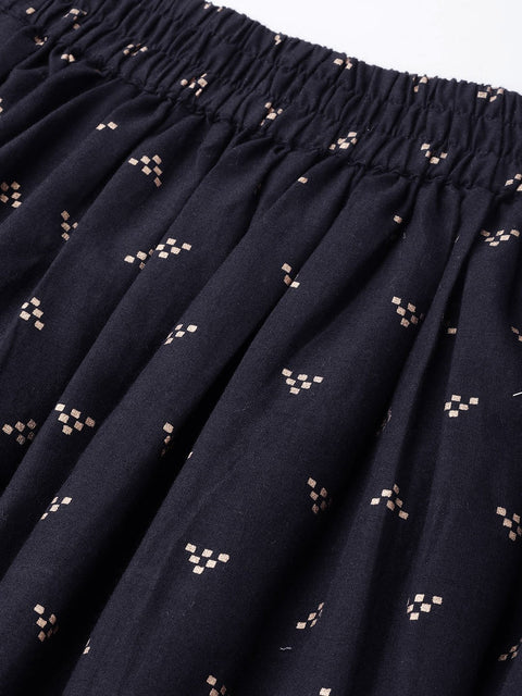 Navy Blue Gold printed ankle length flared skirt