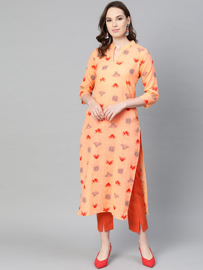 Peach Multi colored printed Kurta with Mandarin collar with 3/4 sleeves