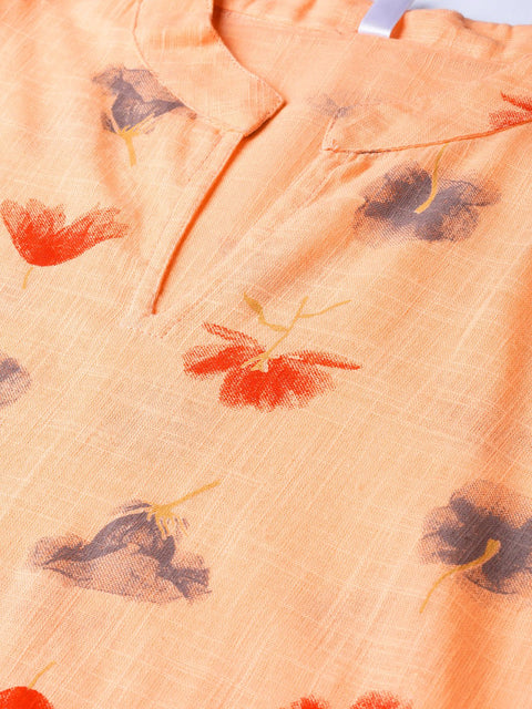 Peach Multi colored printed Kurta with Mandarin collar with 3/4 sleeves