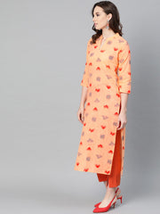 Peach Multi colored printed Kurta with Mandarin collar with 3/4 sleeves