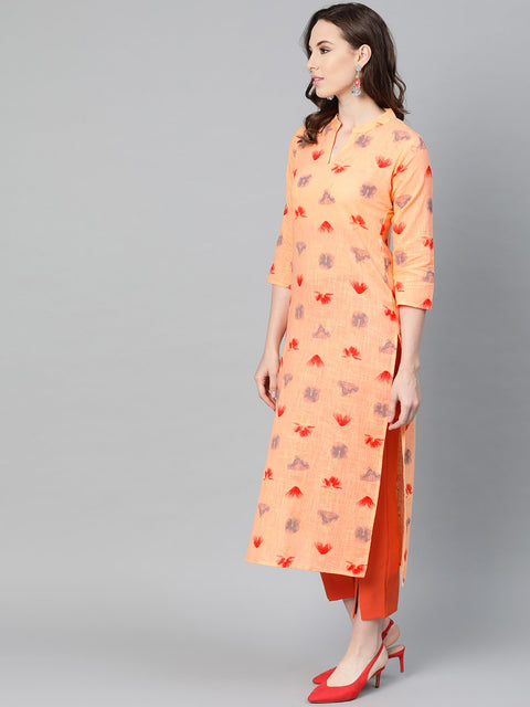 Peach Multi colored printed Kurta with Mandarin collar with 3/4 sleeves