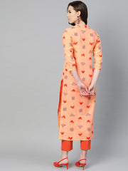 Peach Multi colored printed Kurta with Mandarin collar with 3/4 sleeves