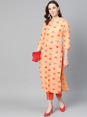 Peach Multi colored printed Kurta with Mandarin collar with 3/4 sleeves