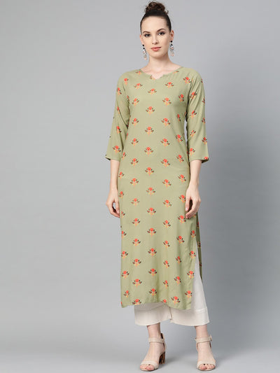 Olive green Multi Colored Printed Kurta with Round Neck with V & 3/4 sleeves