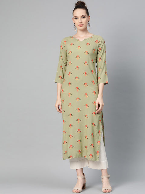 Olive green Multi Colored Printed Kurta with Round Neck with V & 3/4 sleeves