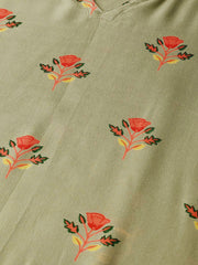 Olive green Multi Colored Printed Kurta with Round Neck with V & 3/4 sleeves