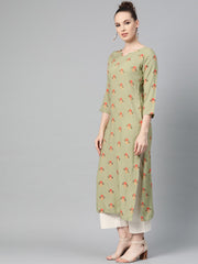 Olive green Multi Colored Printed Kurta with Round Neck with V & 3/4 sleeves