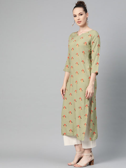 Olive green Multi Colored Printed Kurta with Round Neck with V & 3/4 sleeves