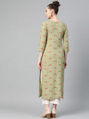 Olive green Multi Colored Printed Kurta with Round Neck with V & 3/4 sleeves
