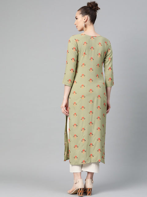 Olive green Multi Colored Printed Kurta with Round Neck with V & 3/4 sleeves