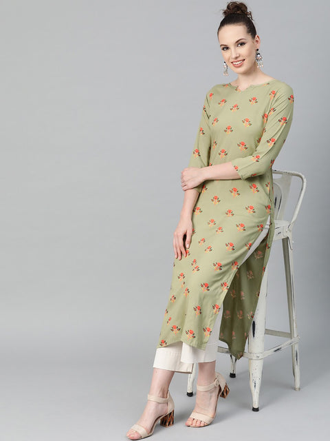 Olive green Multi Colored Printed Kurta with Round Neck with V & 3/4 sleeves