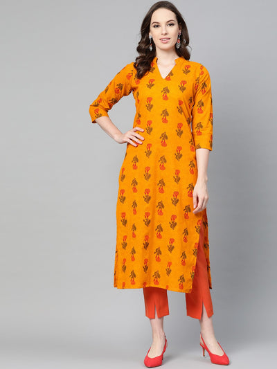 Mustard Printed Straight kurta with mandarin collar & 3/4 sleeves