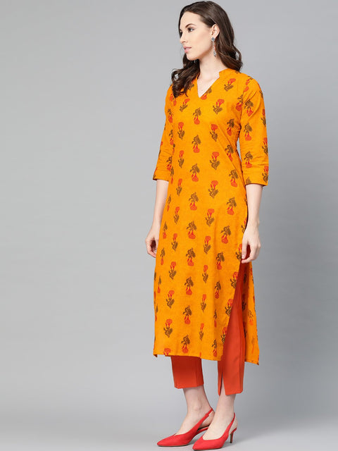 Mustard Printed Straight kurta with mandarin collar & 3/4 sleeves
