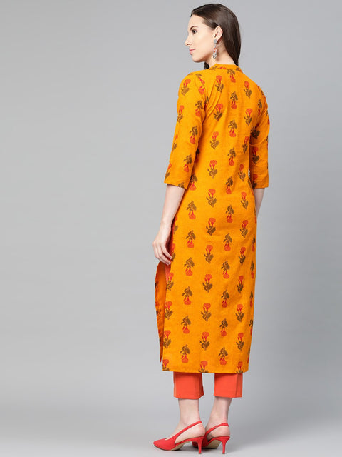 Mustard Printed Straight kurta with mandarin collar & 3/4 sleeves