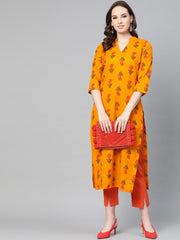 Mustard Printed Straight kurta with mandarin collar & 3/4 sleeves
