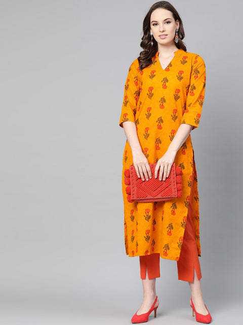 Mustard Printed Straight kurta with mandarin collar & 3/4 sleeves