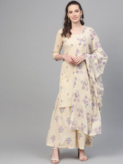 Off white & Lavender Printed kurta set with sharara and Dupatta