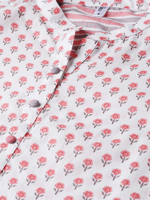 Off white & Pink Floral Printed kurta set with striped Pallazo