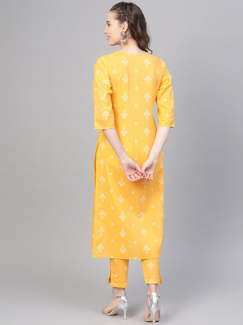 Yellow Checks & Floral multi printed kurta set with pants