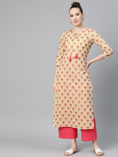 Cream with multi floral printed kurta with keyhole neckline