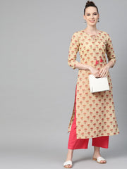 Cream with multi floral printed kurta with keyhole neckline