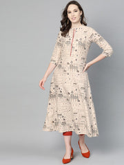 Beige and black printed A-line cotton Kurta