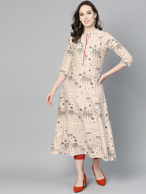 Beige and black printed A-line cotton Kurta