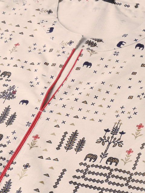 Beige and black printed A-line cotton Kurta
