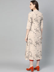 Beige and black printed A-line cotton Kurta