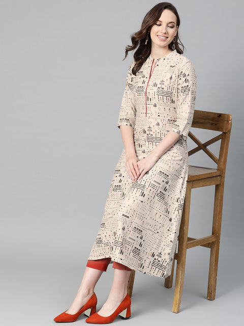 Beige and black printed A-line cotton Kurta