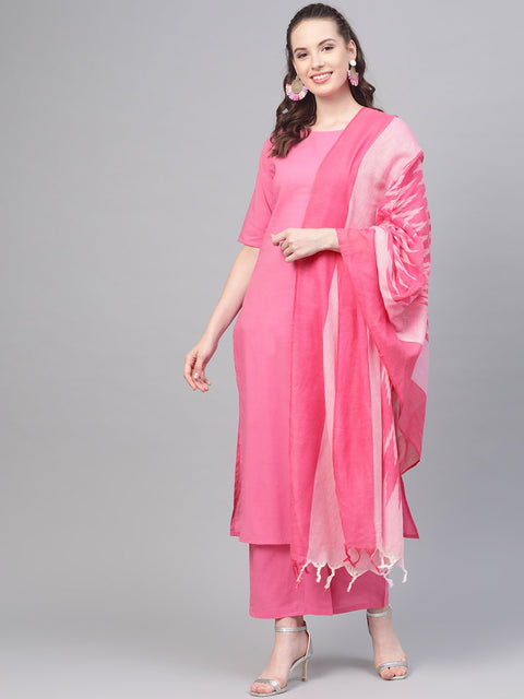 Pink Straight kurta set with Palazzo & Ikat dupatta