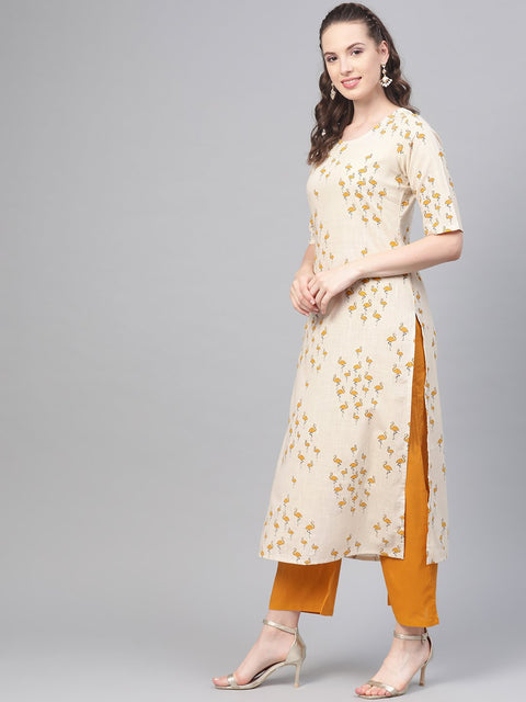 Mustard & off white Printed kurta Set with Palazzo & dupatta