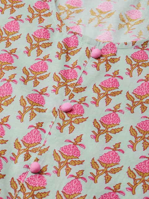 Green & Pink Printed Kurta set with Palazzo & dupatta